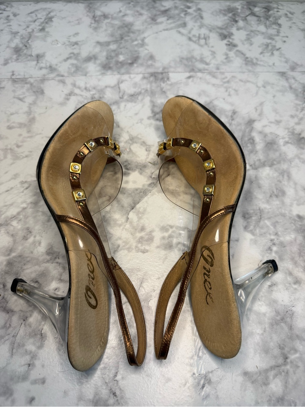 VTG 70s ONEX Clear Vinyl w Bronze Strap Slingback Heels w/hardware Studs Sz 71/2